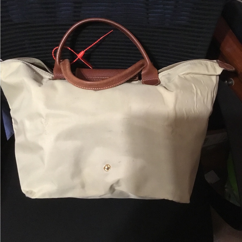 Longchamp Canvas Tote Bag with Brown Leather Trim - Cream - Picture 2 of 2